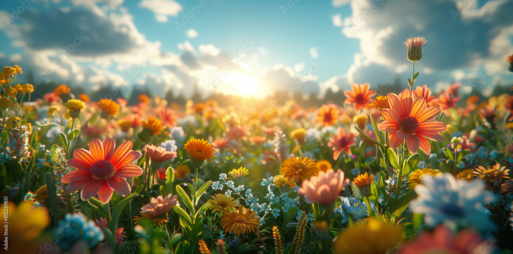 Colorful Flowers Blooming in Field Under Blue Sky. A beautiful field of wildflowers under the warm glow of sunlight, with vibrant colors and lush greenery creating an enchanting scene. 