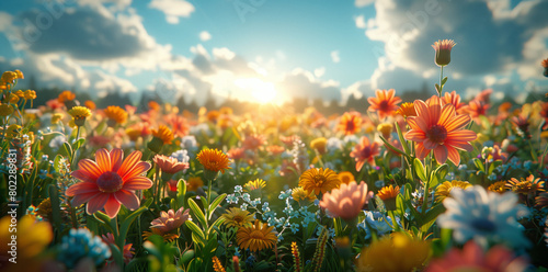Colorful Flowers Blooming in Field Under Blue Sky. A beautiful field of wildflowers under the warm glow of sunlight, with vibrant colors and lush greenery creating an enchanting scene.  photo