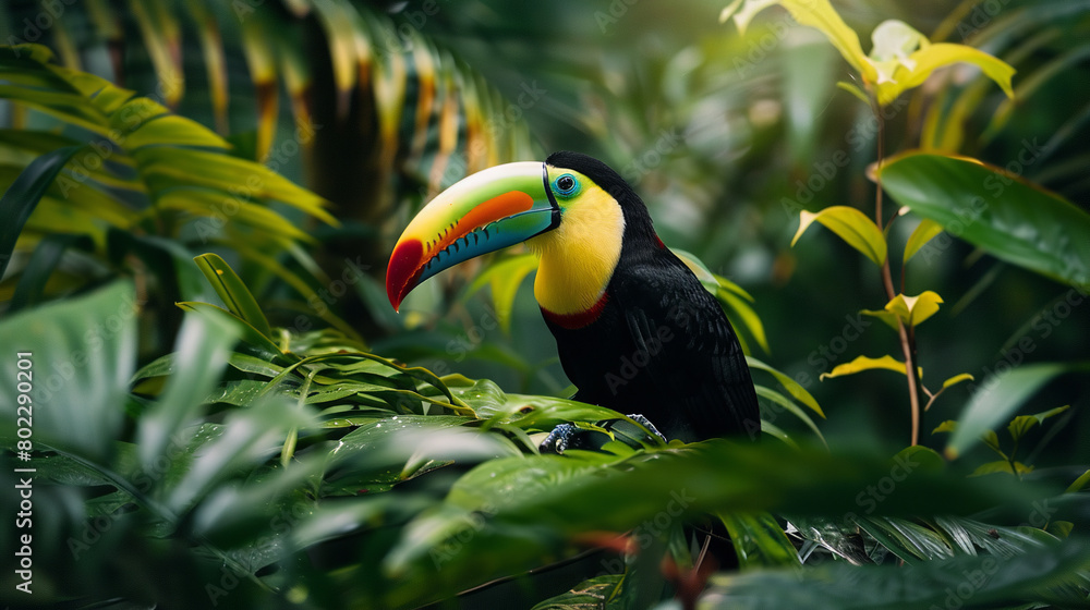 Professional photo with best angle showcasing the tropical splendor of a keel-billed toucan as it perches amidst lush rainforest foliage Professional photo with best angle showcasing the tropical splendor of a keel-billed toucan as it perches amidst lush rainforest foliage