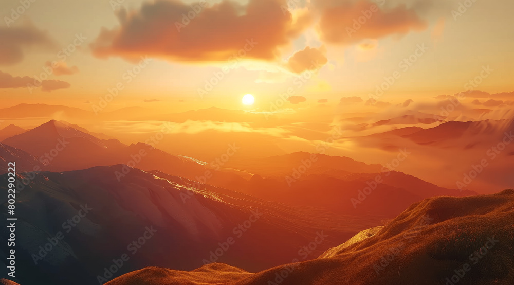 The sun is slowly descending below the silhouette of a rugged mountain range, casting warm shades of orange and pink across the sky. The mountains are jagged and majestic.