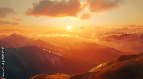 The sun is slowly descending below the silhouette of a rugged mountain range  casting warm shades of orange and pink across the sky. The mountains are jagged and majestic.