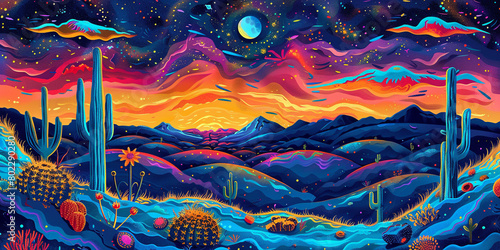 psychedelic dreamland desert with cactus and flower, Illustration