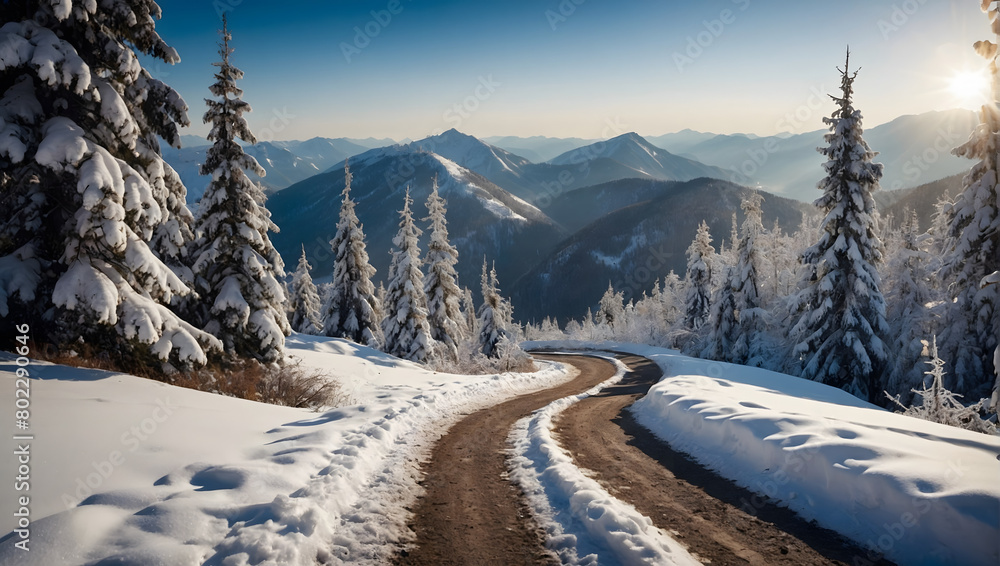 a snowy Carpathian scene, Show snow-covered peaks, fir trees, and a winding path in a winter landscape.
