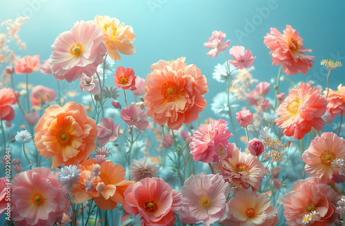 A cluster of various colorful flowers scattered across green grass. The sunlight highlights the petals and leaves of the flowers as they sway gently in the breeze. Bunch of Flowers in Grass.