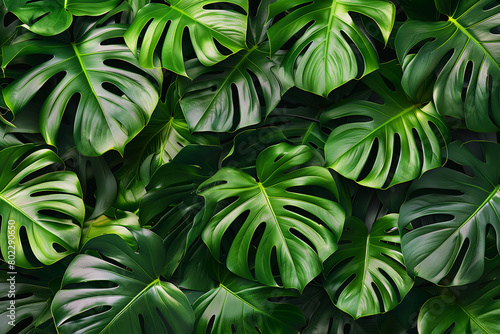 Natural green monstera leaves forming a background