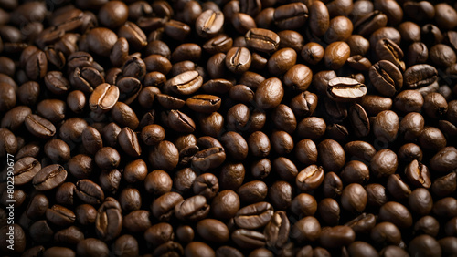 collection of coffee beans on a dark background  with a sharp close up of the coffee beans