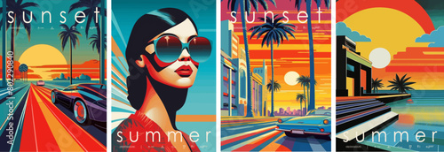 Stylish vector art series of summer posters with vibrant sunset scenes, classic cars, and a fashionable woman wearing sunglasses. Illustrations for card, poster, banner, flyer, brochure or background. photo