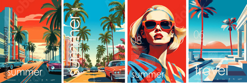 Retro-styled vector summer posters featuring vibrant cityscapes, a stylish woman, and exotic beach scenes.  Illustration for card, poster, banner, flyer, brochure or background. photo