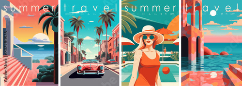 Colorful series of summer travel posters featuring beautiful coastal scenes, vintage cars, and a stylish woman in sunglasses © Ardea-studio