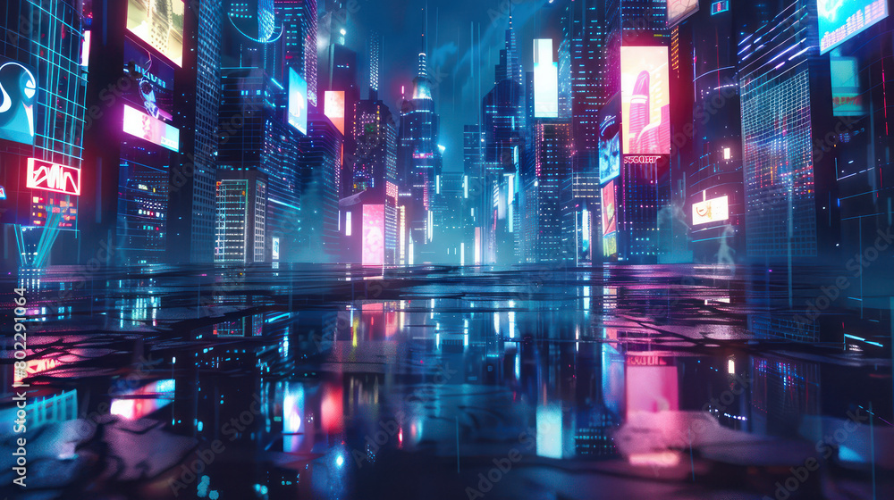 A cyberpunk cityscape at night, with towering skyscrapers and neon lights reflecting on the wet pavement. Generative Ai Image.