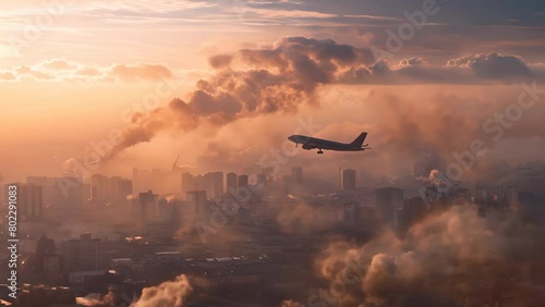 A plane is flying through a hazy sky with smoke and clouds. Concept of unease and danger, as the smoke and clouds suggest a hazardous environment photo