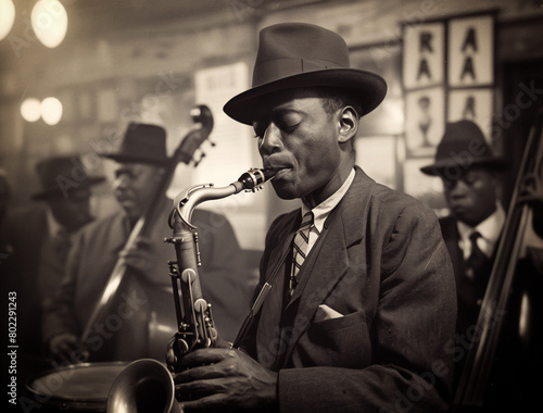A vintage black and white photo of a jazz band performing in an old jazz club featuring a prominent saxophone player, surrounded by fellow musicians.