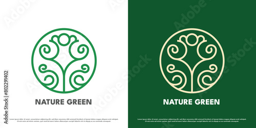 Circle tree logo design illustration. Silhouette of nature tree plant green leaf shady shade olive seed weed sprout circle growth eco bio leaf. Modern minimalist abstract geometric simple icon symbol.