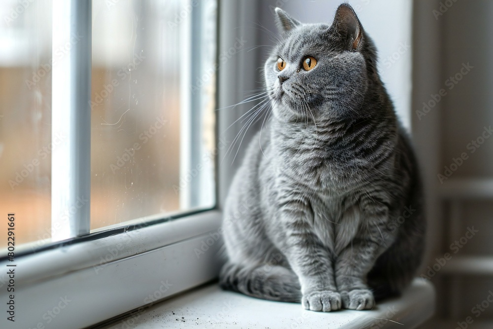 Beautiful gray cat sitting on the windowsill and looking out the window