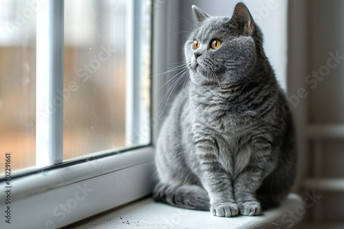 Beautiful gray cat sitting on the windowsill and looking out the window