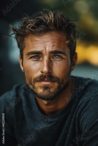 Portrait of a handsome young man with a beard and mustache outdoors