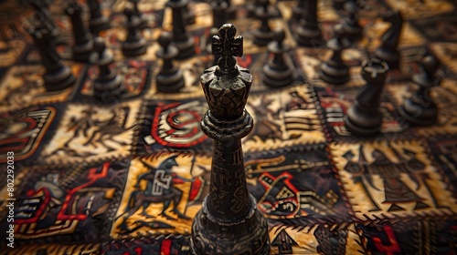 Resolute Chess King Crafted from Ancient Runes Stands Amidst Pawns on Vibrant Mythical Battle Tapestry Capturing Strategic Dominance Generative ai