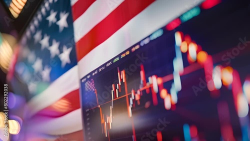 A stock market graph is displayed on a screen with the American flag in the background. The stock market is currently experiencing a downturn. Scene is one of concern and uncertainty photo
