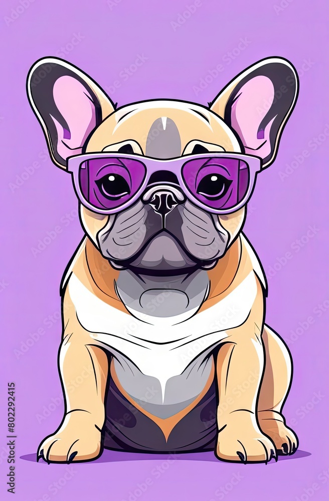 Cartoon cute french bulldogs wearing sunglasses on a violet background. The Concept for t- shirt and clothe design, backpacks and bags print, notebook covers design,mugs print,stickers.