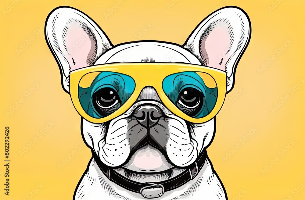 A cartoon french bulldog wearing sunglasses . The dog is sitting on a yellow background. Concept for t- shirt and clothe design, backpacks and bags print, notebook covers design,mugs print,stickers