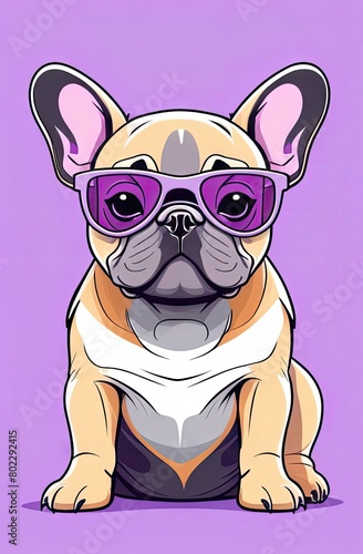 Cartoon cute french bulldogs wearing sunglasses on a violet background. The Concept for t- shirt and clothe design, backpacks and bags print, notebook covers design,mugs print,stickers. © JuLady_studio