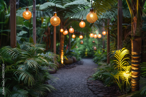 Twinkling light bulbs in a lush tropical garden