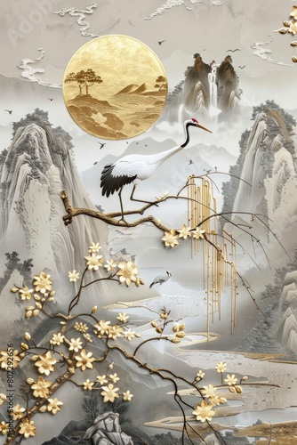 Grey and gold colored wallpaper with a crane bird on a willow tree branch with blooming flowers. © MSTSANTA