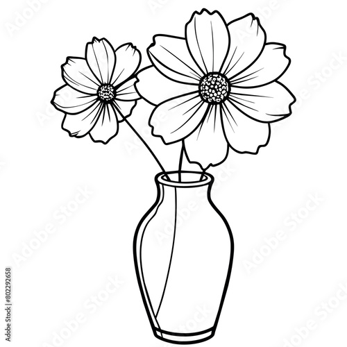 Cosmos flower on the vase outline illustration coloring book page design, Cosmos flower on the vase black and white line art drawing coloring book pages for children and adults