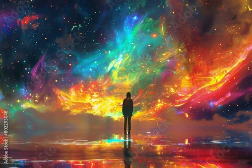 Silhouette of a man standing on the background of an abstract colorful universe