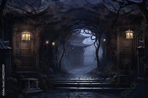 Halloween scene with haunted house and trees -  render illustration