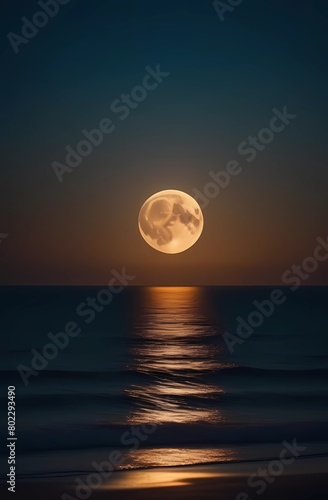 Full moon over the ocean at night. Romance.