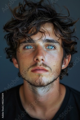 Portrait of a young man with long hair and blue eyes