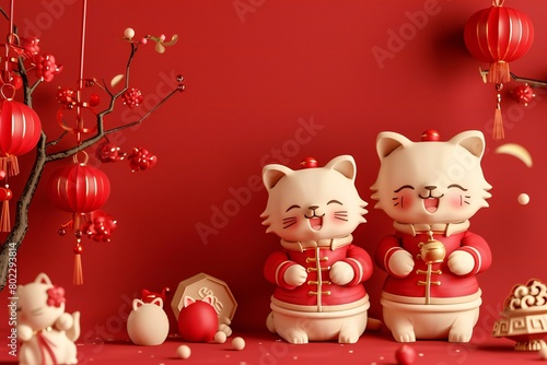  rendering of Chinese New Year celebration with cute cat in red background