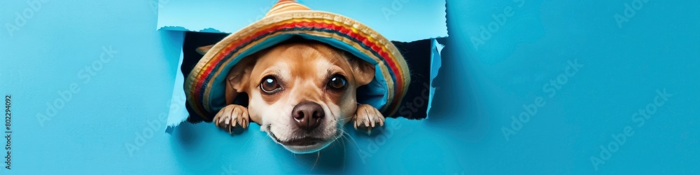 A cute dog wearing Cinco de Mayo costumes peeking through the hole in blue paper background