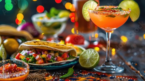 Background: Cinco De Mayo Celebration with Tacos and Margarita