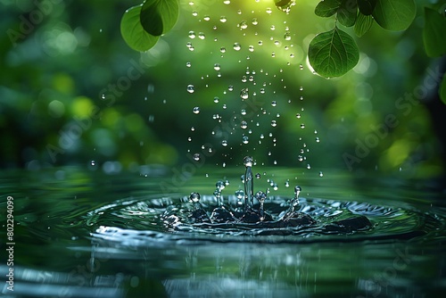 Water drop splashing on the surface with green leaves in the background