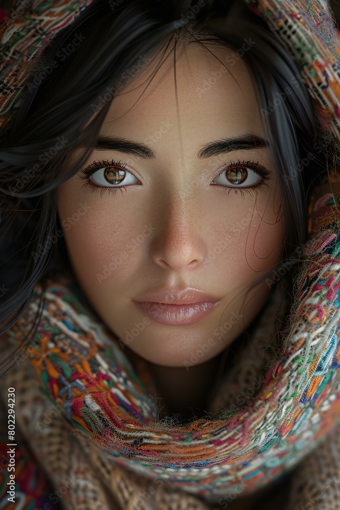 Close-up portrait of a beautiful young woman with long black hair in a shawl