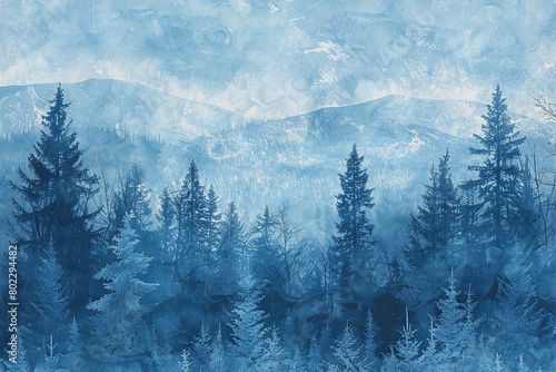 Winter landscape with fir trees in fog and mountains, Digital painting