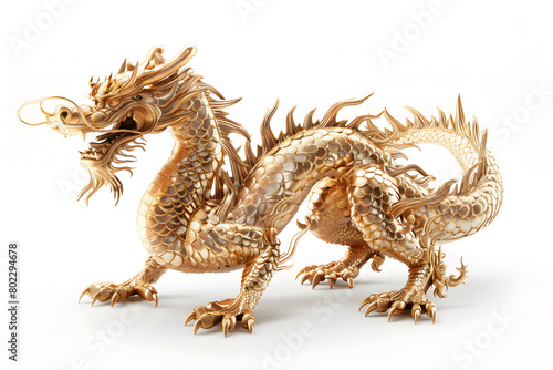 Photograph of Chinese shiny golden dragon, on white or black background. Fortune Dragon of China with some effect like smoke, particle, fire, glowing, isolated on white or black. © Pattawit