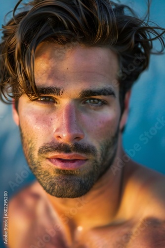 Portrait of a handsome young man with a beard and wet hair © Nam