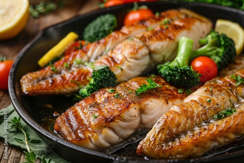 A pan of fish with tomatoes, lemon slices and broccoli is served on a wooden table. The fish is cooked and seasoned, and the vegetables are fresh and colorful
