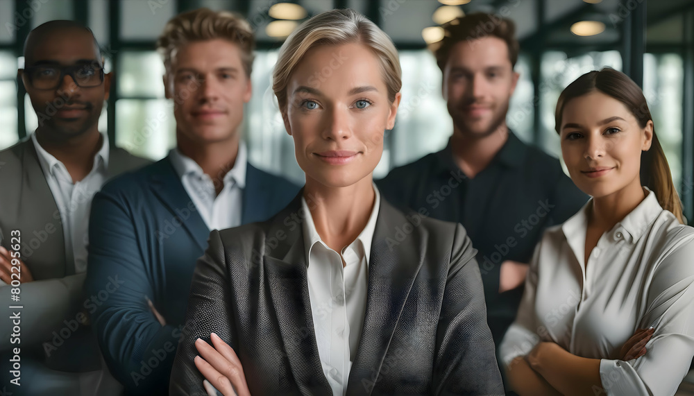 Office team, meeting or portrait of businessman with arms crossed for leadership on digital art concept, Generative AI. Office team, meeting or portrait of businessman with arms crossed for leadership on digital art concept, Generative AI.