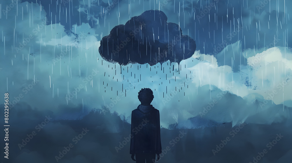 Illustration of a dark cloud raining on a person to represent sadness.


