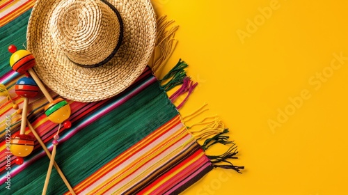 Cinco-de-mayo carnival concept. Top view photo of sombrero colorful striped poncho and couple of maracas on isolated vibrant yellow background with blank space