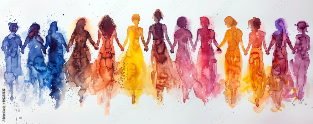 Vibrant watercolor painting of diverse women holding hands across ...