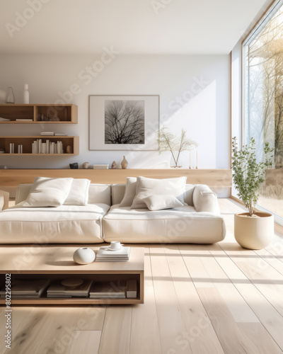 living room  white walls  wooden floor  large windows  white sofa  plants  minimalist