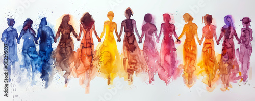 Vibrant watercolor painting of diverse women holding hands across colorful, splattered background
