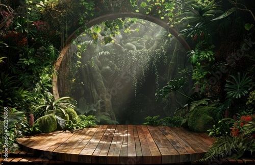 A round wooden stage surrounded by dense jungle foliage.