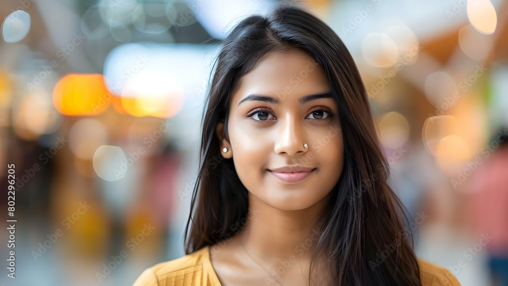 Promotional ad featuring Asian Indian woman with targeted demographics in blurred background. Concept Promotional Ad, Asian Indian Woman, Targeted Demographics, Blurred Background