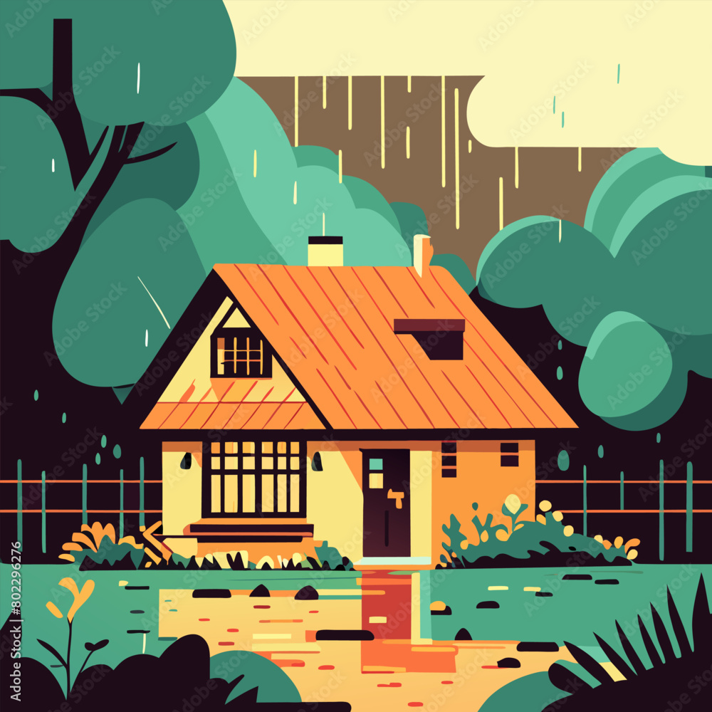 small house rainy season, vector illustration flat 2